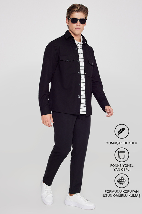 AC&Co / Altınyıldız Classics Erkek Siyah Slim Fit Dar Kesim Beli Bağlamalı Yan Cepli Casual Jogger Pantolon