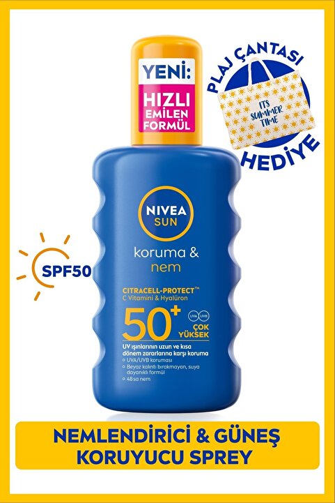 NIVEA SUN SPF50+ Yüksek Güneş Koruyucu Nemlendirici Vücut Spreyi 200ml, Suya Dayanıklı,Plaj Çantası Hediye