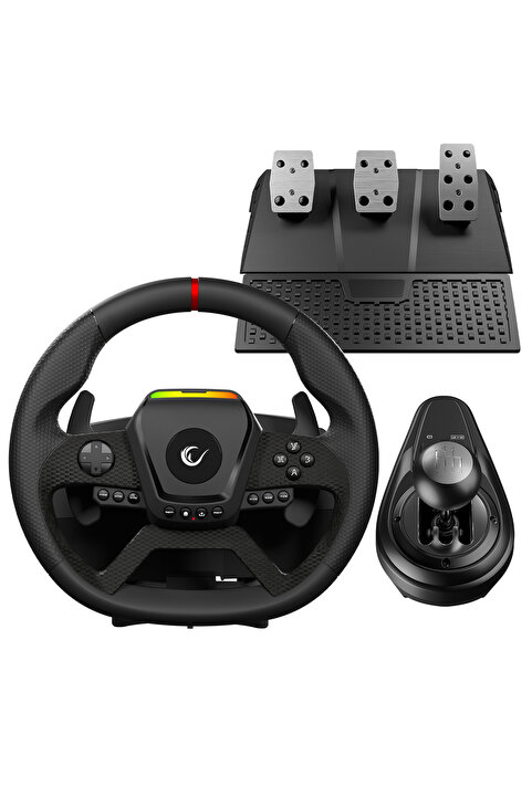 Rampage Pace V987 Force Feedback Motorlu 3 Pedal Vitesli Oyuncu Direksiyonu Direksiyon Seti SADECE PC UYUMLU