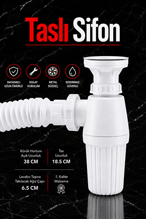 Badem10 Lavabo Sifonu Gideri Borusu Körüklü Sökülebilir Tas'lı Mutfak Banyo Evye Pis Su Plastik 38 Cm