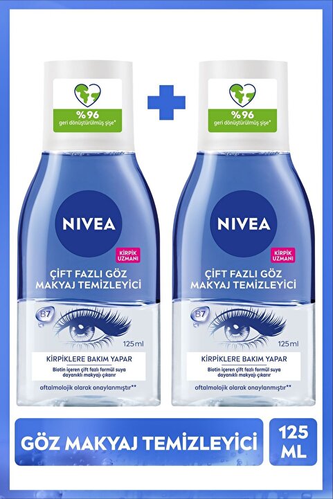NIVEA Çift Fazlı Suya Dayanıklı Göz Makyaj Temizleyici 125ml, Kirpik Bakımı, Biotin, Hassas Cilt, X2 Adet