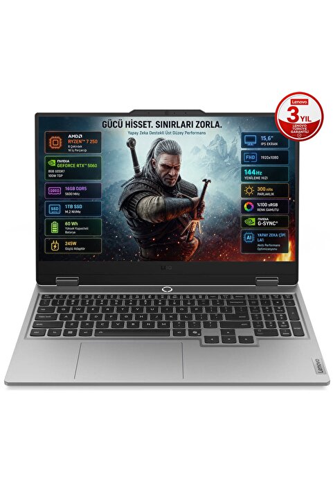 LENOVO LOQ 15AHP10 AMD Ryzen 7 250 16GB 1TB SSD RTX 5060 8GB (100W) 15.6" FHD 144Hz IPS Freedos 83JG008UTR