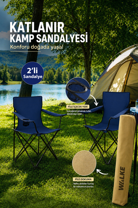 Walke 2 Li Katlanabilir Kamp Sandalyesi Piknik Sandalyesi Plaj Sandalyesi Mavi Taşıma Çantalı