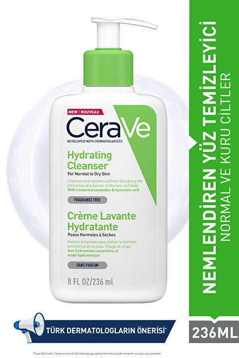 CeraVe Normal ve Kuruya Dönük Ciltler için Seramid & Hyalüronik Asit İçeren Nemlendiren Temizleyici 236ml