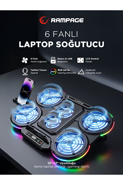 Rampage Prote R6 Rgb 6 Fanlı Telefon Standlı Yükseklik Ayarlı 17 Inç Notebook Soğutucu Stand