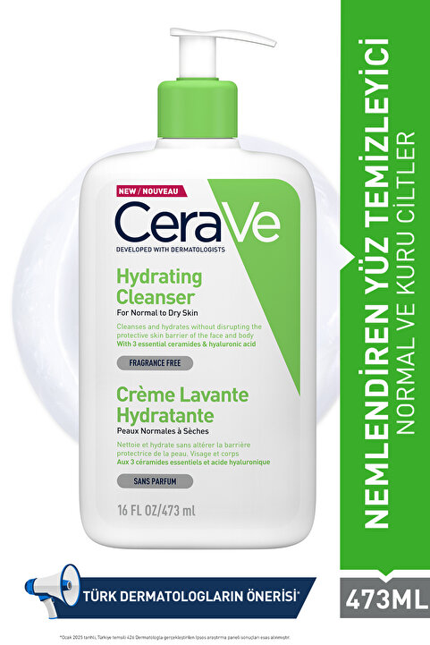 CeraVe Normal ve Kuruya Dönük Ciltler için Seramid & Hyalüronik Asit İçeren Nemlendiren Temizleyici 473 ML