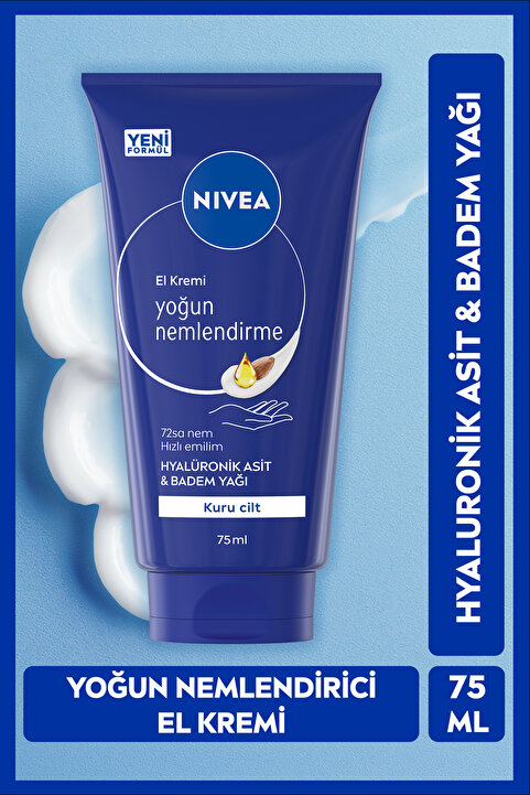 NIVEA Yoğun Nemlendirici El Bakım Kremi 75ml, Kuru Ciltler,Hyaluronik Asit, Badem Yağı