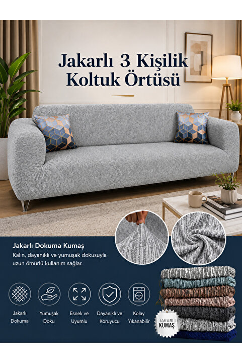 Faiend Düz Jakarlı 3 Kişilik Gri Kanepe Örtüsü | Lastikli Koltuk Örtüsü |çekyat Örtüsü| koltuk kılıfı