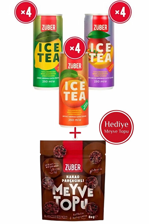 Züber Ice Tea Soğuk Çay Deneme Paketi 250ml x 12 Adet (Limon, Şeftali, Tropik) + Meyve Topu Hediye
