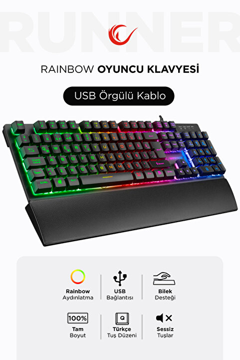 Rampage KB-RX77 Runner Siyah USB Rainbow Aydınlatmalı Q Bilek Destekli Gaming Oyuncu Klavyesi