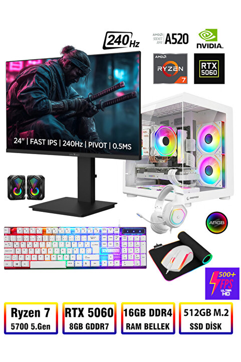 Zeiron Damage X40 Ryzen 7 5700 16GB Ram 512GB M.2 Nvme SSD RTX5060 8GB 24" 240Hz Oyuncu Masaüstü Bilgisayar