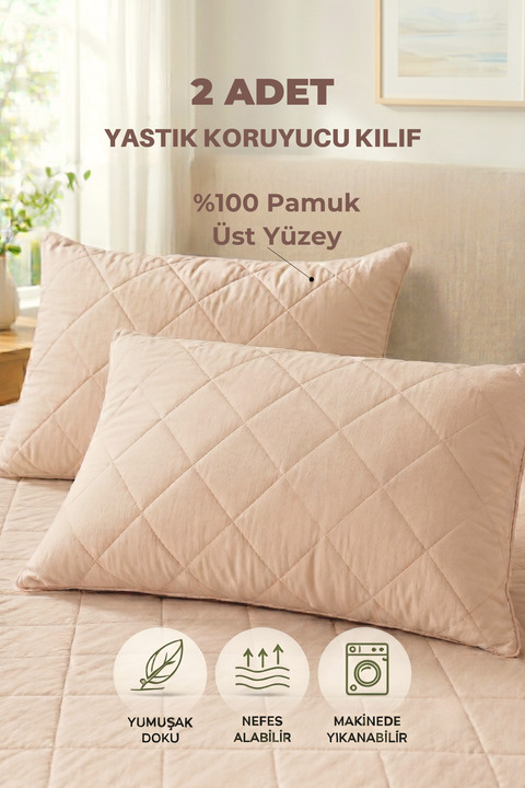 Formeya Premium 2 Adet Bej %100 Pamuk Kapitone Yastık Koruyucu Fermuarlı Yastık Alezi Kılıf Seti 50x70 cm