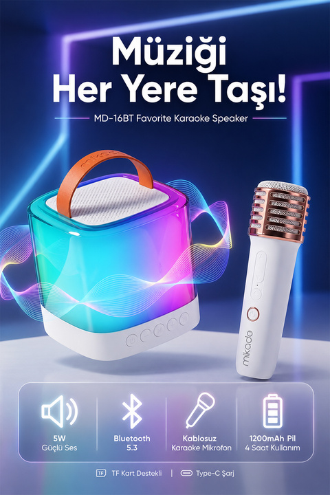 Mikado MD-16BT Favorite Beyaz TF Kart Destekli Bluetooth Wireless Karaoke Mikrofonlu 1200mAh Speaker