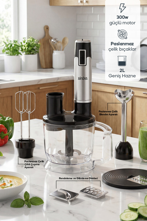 Sinbo SHB-3186 Multi Blender Seti | Doğrayıcı Hazneli, Çırpıcı ve Rende Aparatlı El Blender Seti