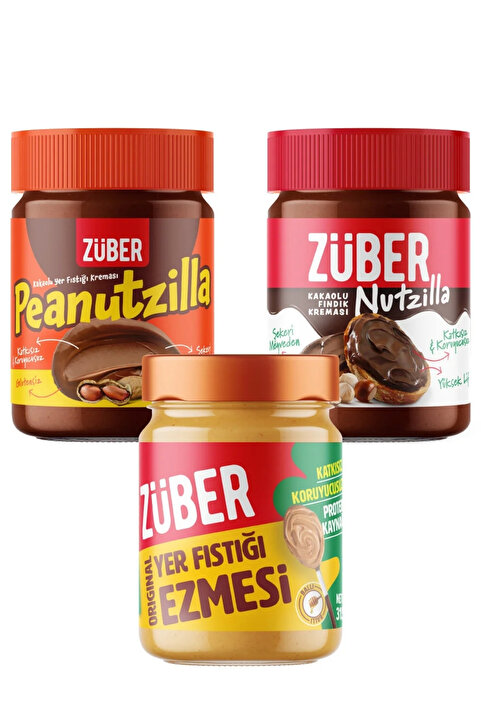Züber Peanutzilla 315g + Nutzilla 315g + Original Yer Fıstığı Ezmesi 315g