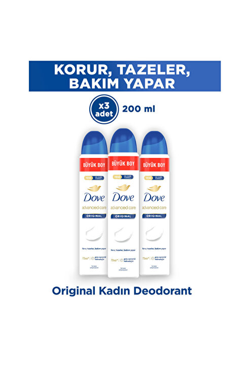Dove Kadın Sprey Deodorant Original 1/4 Nemlendirici Krem Etkili Büyük Boy 200 ml X3 Adet