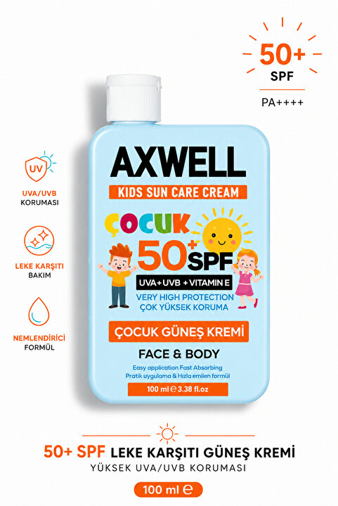 AXWELL Kids Sun Cream Çocuk Güneş Kremi Çok Yüksek Koruma + Vitamin E Spf 50+ 100ml