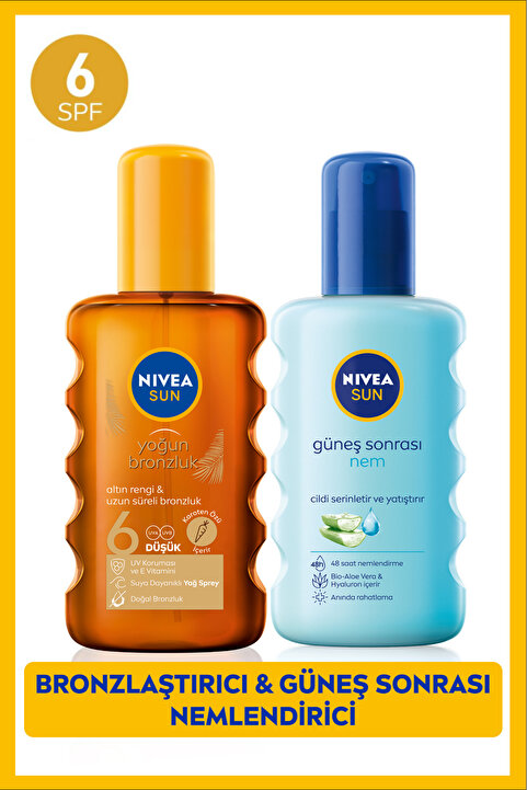 NIVEA SUN SPF6 Bronzlaştırıcı Güneş Yağı 200ml ve Güneş Sonrası Nemlendirici Vücut Spreyi 200ml, Plaj Seti