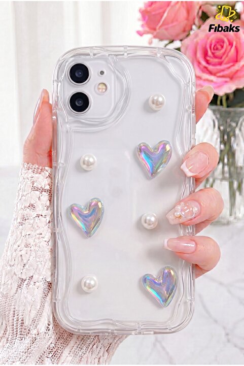 Fibaks iPhone 11 Kılıf 3d Kalpli Ve Inci Tasarımlı Desenli Kamera Korumalı Şeffaf Silikon Kapak