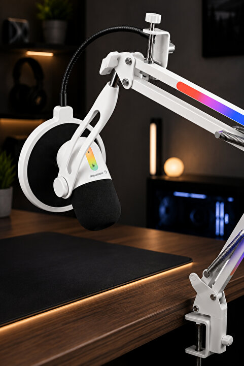 Rampage Arpej Rgb Mikrofon Masa Standlı Ses Göstergeli Dokunmatik Pop Filtre Oyuncu Yayıncı Mikrofonu Beyaz