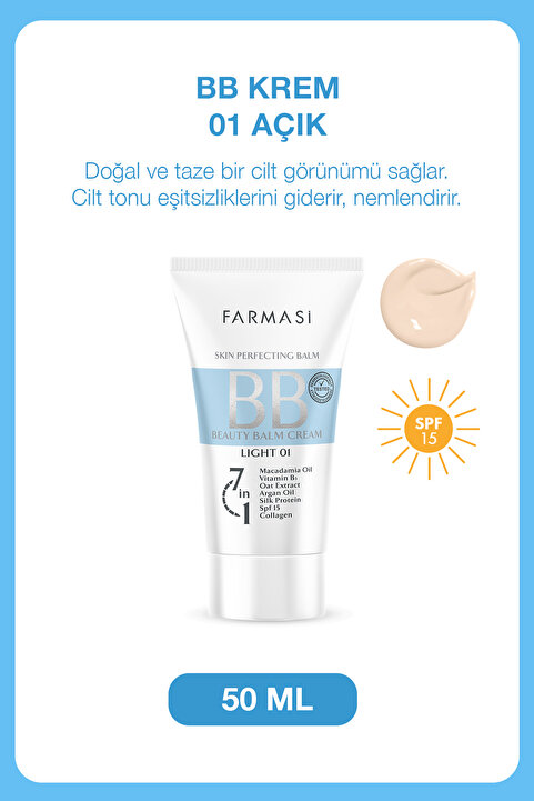 Farmasi BB Krem | 01 Light Açık Ton SPF 15 Nemlendirici Mat Bitişli Cilt Tonu Eşitleyici 50 ml
