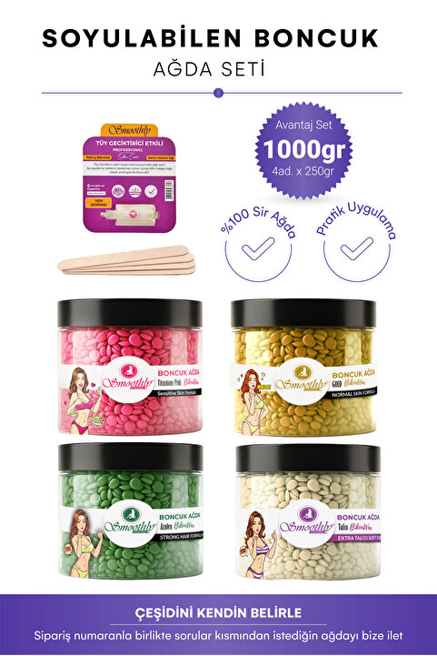 Smoothly Mix 4 Adet 1000 gr Soyulabilen Boncuk Ağda Seti 1 Adet Karınca Yumurta Yağ, Spatula Seti
