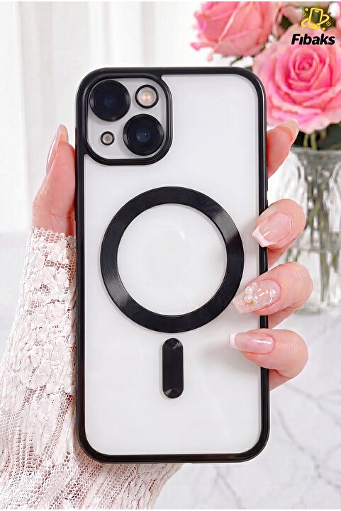 Fibaks iPhone 13/14 Kılıf Kamera Lens Korumalı Magsafe Şarj Kilifi Şeffaf Renkli Yumuşak Kapak Siyah
