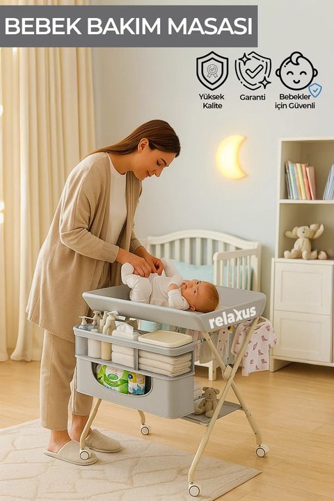 RELAXUS Portatif Bebek Alt Değiştirme Bakım Masası Sepetli Organizer Katlanabilir Taşınabilir İstasyon Teker