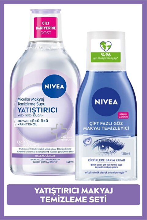 NIVEA Yatıştırıcı Micellar Makyaj Temizleme Suyu 400ml ve Göz Makyaj Temizleyici 125ml, SPF Filtresi