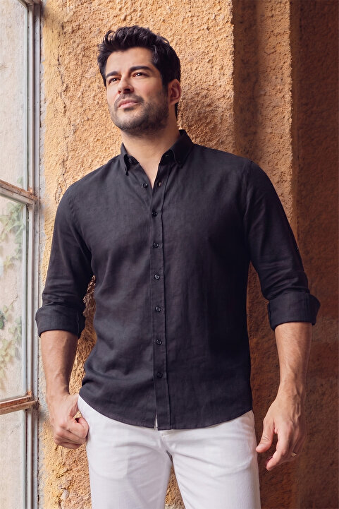 AC&Co / Altınyıldız Classics Erkek Siyah Kolay Ütülenebilen %100 Pamuk Keten Görünümlü Nefes Alabilen Terletmez Slim Fit Gömlek
