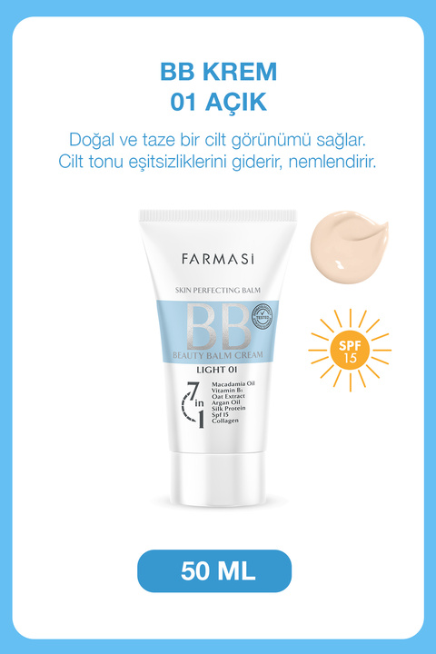 Farmasi BB Krem | 01 Light Açık Ton SPF 15 Nemlendirici Mat Bitişli Cilt Tonu Eşitleyici 50 ml