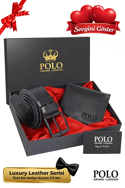 POLOGRAND London Orijinal Erkek Özel Hediye Kutulu 2'li Set Luxury Serisi Damat Hediyelik Şık Deri Kemer Cüzdan Seti