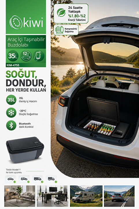 Kiwi KIM-4755 Tesla Uyumlu Araç İçi Taşınabilir Buzdolabı | 35L & -20C & 12V/220V & Bluetooth