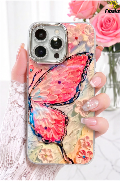 Fibaks iPhone 16 Pro Kılıf Renk Geçişli Taşlı Kamera Lens Korumalı Simli Pembe Kelebek Desenli Darbe Emici