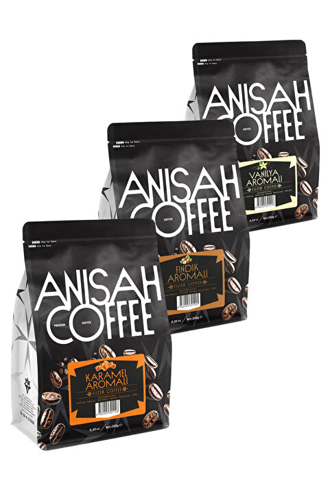 Anisah Coffee Aromalı Filtre Kahve Seti | Vanilya, Fındık, Karamel | 3x250gr | Şekersiz