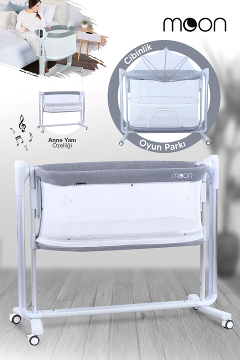 Huggy Moon Gri Akıllı Beşik – Oyun Parkı - Otomatik Sallanabilir, Sensörlü, Kumandalı Anne Yanı Beşik
