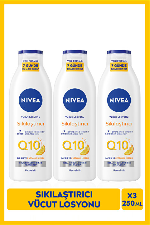 NIVEA Q10 7 Günde Sıkılaştırıcı Vücut Bakım Losyonu 250ml, Nemlendirici, C Vitamini, Esnek Cilt, X3 Adet