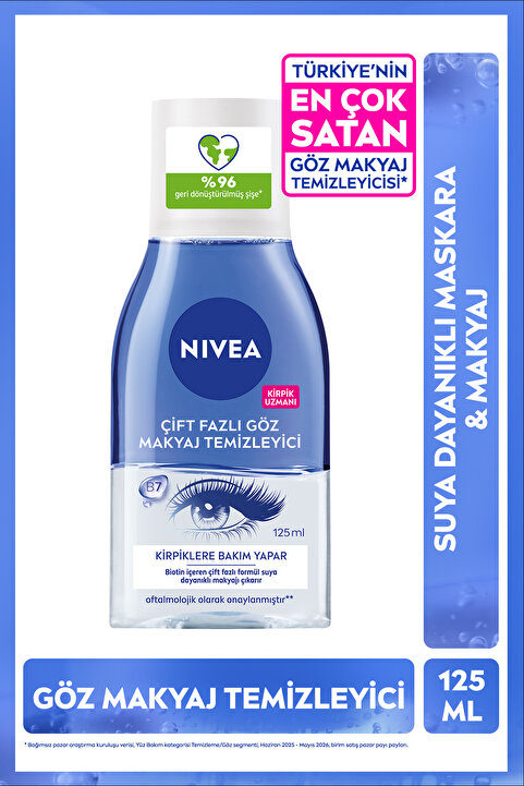 NIVEA Çift Fazlı Göz Makyaj Temizleyici 125 ml,Biotin,Kirpik Bakımı,Suya Dayanıklı Maskara ve Makyaj