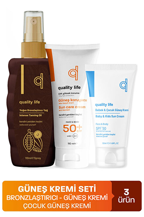 Quality Life Ql 50 Faktör Güneş Kremi Seti ( Güneş Kremi , Bebek Güneş Kremi, Bronzlaştırıcı Yağ ) 3 Güneş Ürünü