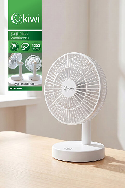 Kiwi Kfan-7607 Şarjlı Beyaz Ayarlanılabilir Mini Fan Masa Üstü Vantilatörü Usb Soğutucu Sessiz Fan