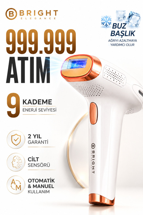Bright Elegance BE-9010 IPL Buz Başlık Lazer Epilasyon 999.999 Atım Cilt Sensörlü Otomatik Manuel
