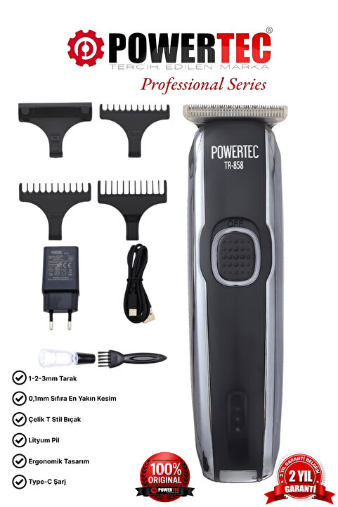 Powertec TR-858 USB Type-C Şarjlı Saç Sakal Ense Vücut Tıraş Makinesi - Profesyonel Erkek Kadın Bakım Cihazı