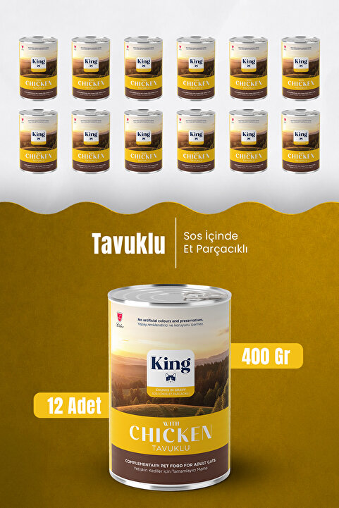 King Sos İçerisinde Et Parçacıklı Tavuklu Kedi Konservesi 400g x 12 Adet