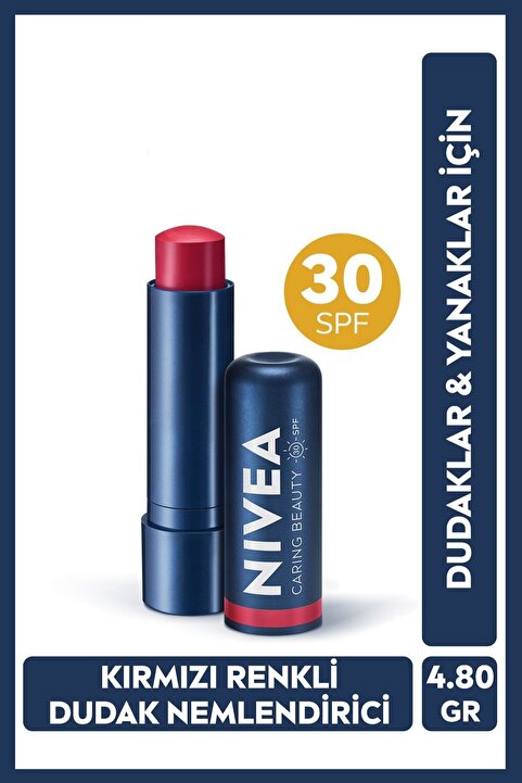 NIVEA Kırmızı Renkli Nemlendirici Dudak Bakım Kremi 4.8gr, SPF30,Allık Etkisi, Dudak Ve Yanak, E Vitamini