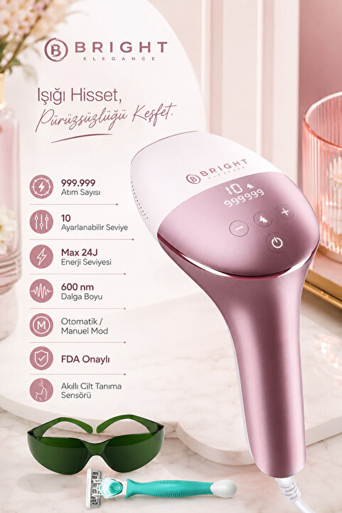 Bright Elegance BE-9020 IPL Lazer Epilasyon 999.999 Atım Manuel/Otomatik Mod Cilt Sensörlü 10 Kademe Ağrısız Lazer