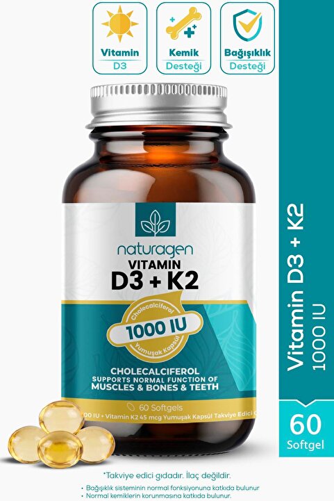 Naturagen Vitamin D3 + K2 1000 IU 60 Softgel Kapsül | Gluten Free | Takviye Edici Gıda