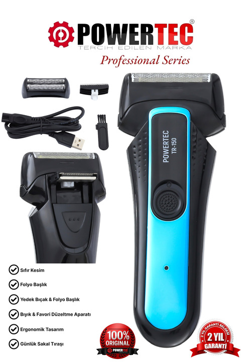 Powertec TR-150 Profesyonel Şarjlı Günlük Sakal Tıraş Makinesi Sinekkaydı Tıraş ve Erkek Bakım