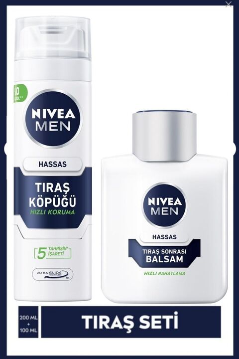 NIVEA MEN Erkek Hassas Ciltlere Özel Tıraş Bakım Seti, Tıraş Köpüğü 200ml ve Nemlendirici Balsam 100ml