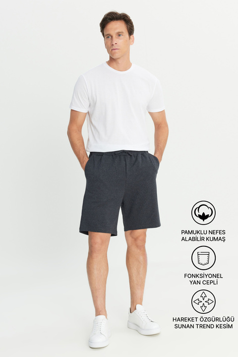 AC&Co / Altınyıldız Classics Erkek Antrasit Pamuklu Rahat Nefes Alabilen 2 İplik Cepli Örme Spor Şort Standart Fit