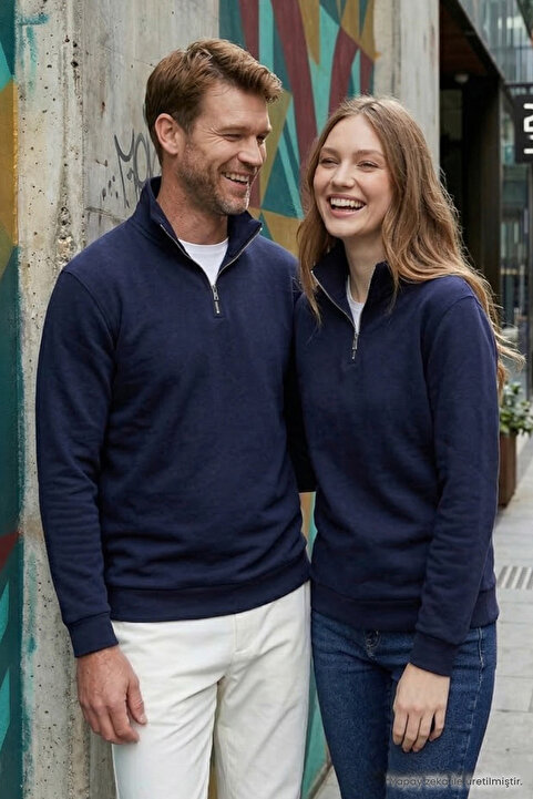 Tudors Unisex Relax Fit Rahat Kesim Pamuklu İçi Polarlı Yarım Fermuarlı Lacivert Dik Yaka Sweatshirt